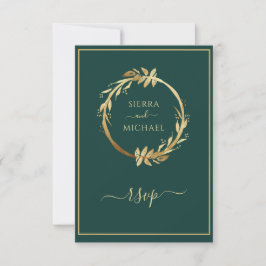 Gold Emerald Green Eucalyptus Wreath Wedding RSVP Karte
