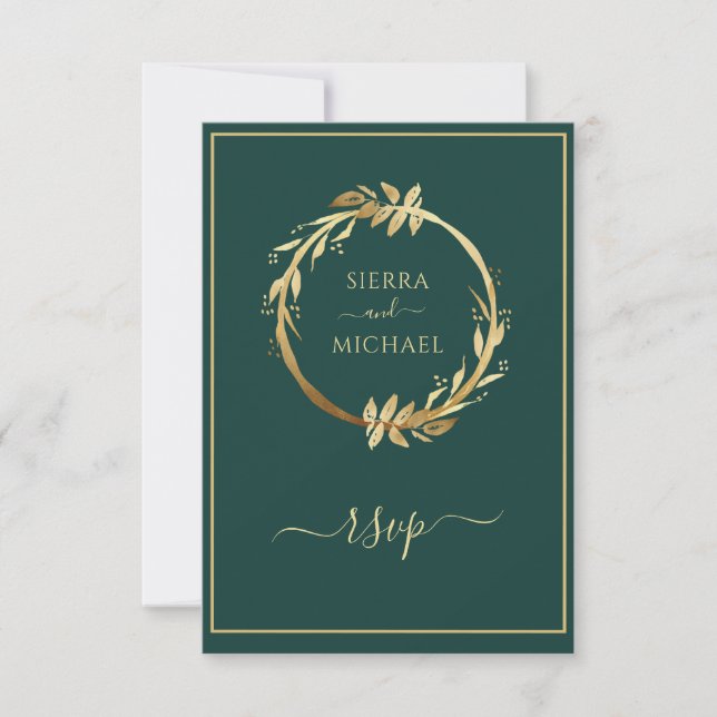 Gold Emerald Green Eucalyptus Wreath Wedding RSVP Karte (Vorderseite)