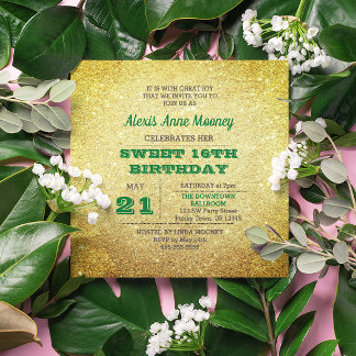 Gold & Emerald Green Funkelnd Sweet 16 Einladung