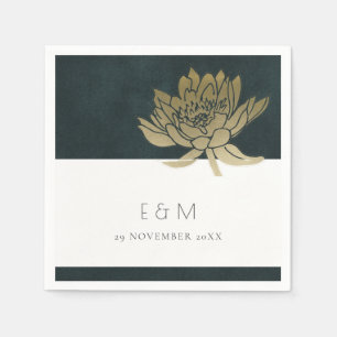 GOLD EMERALD GREEN LOTUS FLORAL MONOGRAM WEDD SERVIETTE