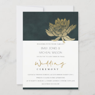 GOLD EMERALD GREEN LOTUS FLORALWEDING INVITE DANKESKARTE