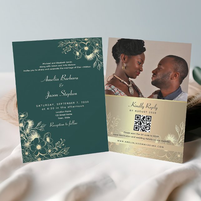 Gold Emerald Green QR Code Wedding Einladung (Von Creator hochgeladen)