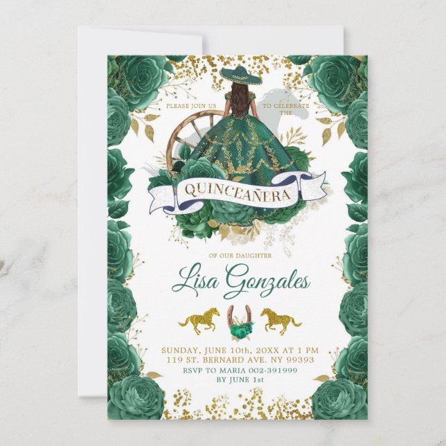 Gold Emerald Green Rose Western Quinceañera Einladung (Vorderseite)