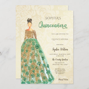 Gold Emerald Green Sparkle Dress Quinceanera Einladung
