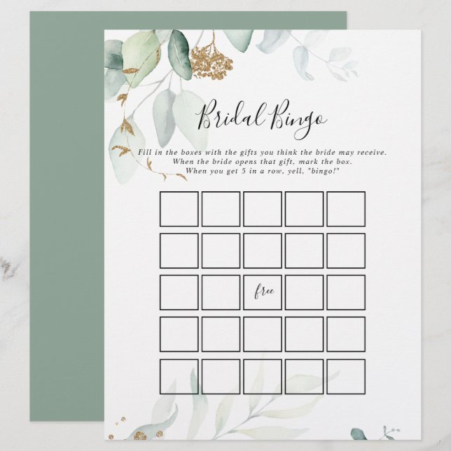 Gold Eucalyptus Calligraphy Bridal Bingo Game (Vorne/Hinten)
