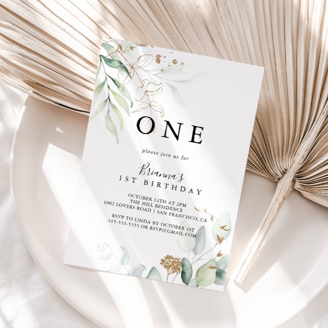 Gold Eucalyptus Calligraphy First Birthday Party Einladung (Von Creator hochgeladen)