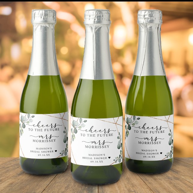 Gold Eucalyptus Cheers Brautparty Gefallen (Gold Eucalyptus Cheers Bridal Shower Favor Sparkling Wine Label)