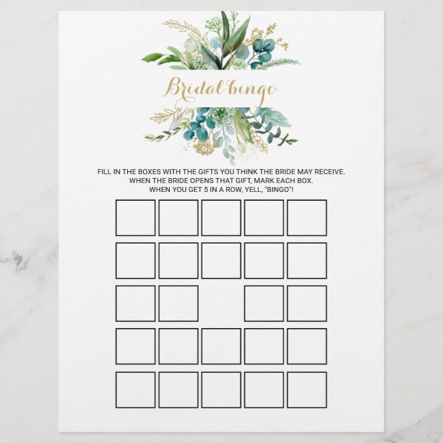 Gold & Eukalyptus Bridal Bingo, Brautparty Game (Vorderseite)