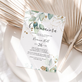 Gold Eukalyptus Calligraphy Quinceñera Einladung