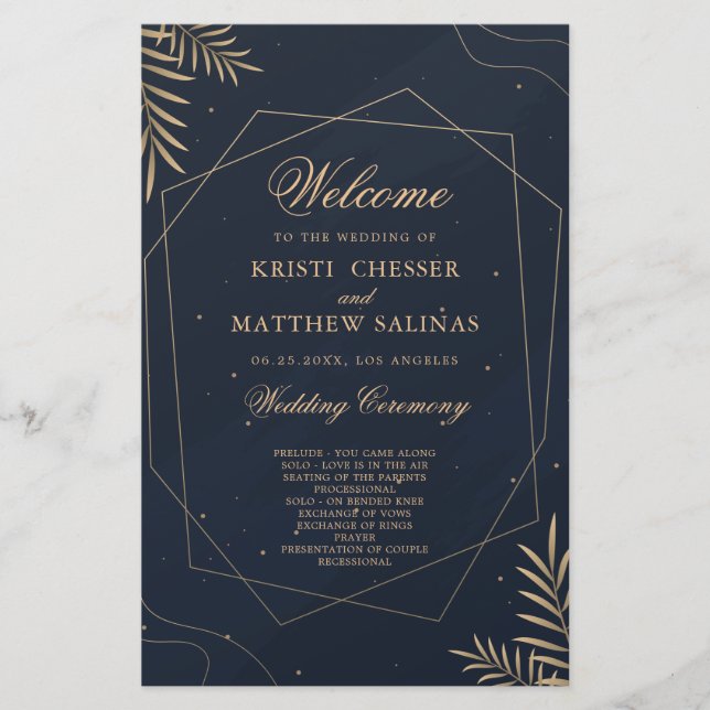 Gold Eukalyptus Geometric Wedding Program Card (Vorderseite)