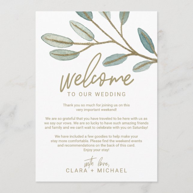 Gold Eukalyptus Wedding Welcome Letter & Itinerary Programm (Vorderseite)