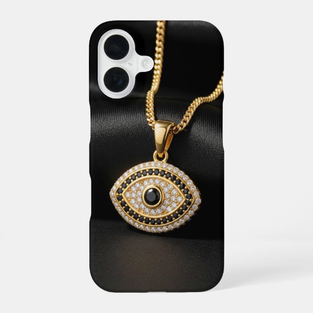 Gold Evil Eye Necklace on Black Silk Fabric iPhone 16 Hülle (Rückseite)