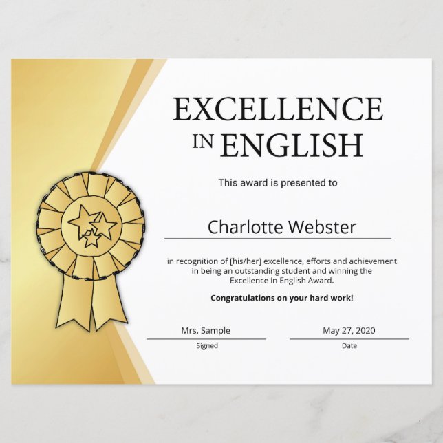Gold Excellence in English Certificate Award (Vorderseite)