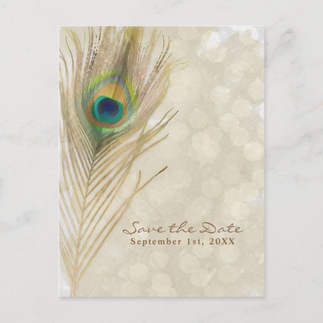 Gold Exotic Peacock Feather Glam Save the Date Ankündigungspostkarte (Vorderseite)