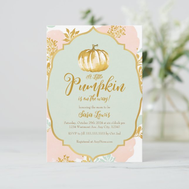 Gold Fall Pumpkin Baby Dusche Einladung (Stehend Vorderseite)