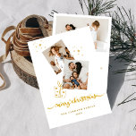 Gold Farbe Frohe Weihnachtsfoto Collage Feiertagskarte<br><div class="desc">Eine 3-Foto-Collage mit frohen Weihnachten in Gold und verstreuten Sternen. Passen Sie einfach Ihre Fotos an und benennen Sie sie auf der Vorderseite und zurück,  um sie zu Ihrem eigenen zu machen.</div>