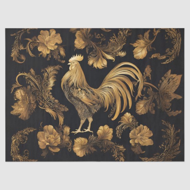 Gold Farmhouse Rooster auf schwarz Seidenpapier (Vorderseite)