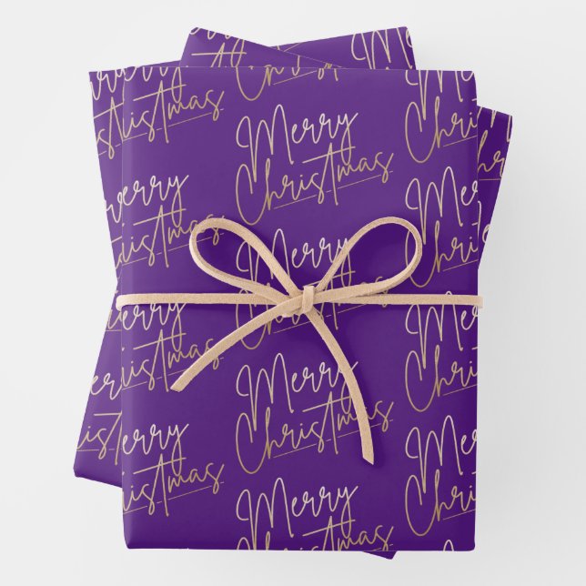 Gold Faux Foil Merry Christmas on Purple Geschenkpapier Set (Beispiel)