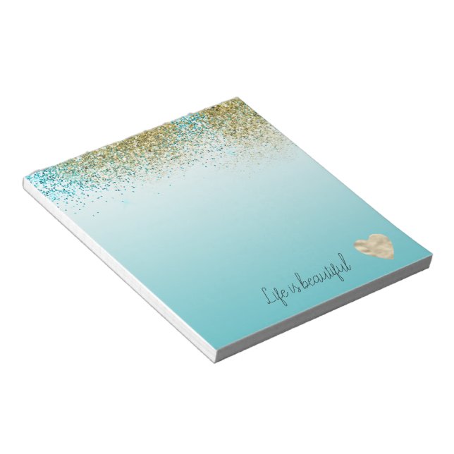 Gold Faux Glitter Aqua Ombre Heart   Notizblock (angewinkelt)