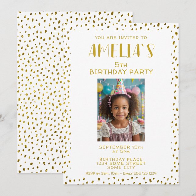 Gold Faux Glitter Kids Girl Photo Birthday Einladung (Vorne/Hinten)
