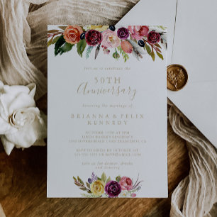 Gold Feather Boho Floral 50. Hochzeitstag Einladung