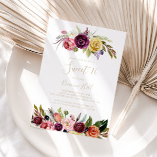 Gold Feather Boho Floral Sweet 16 Geburtstagsparty Einladung