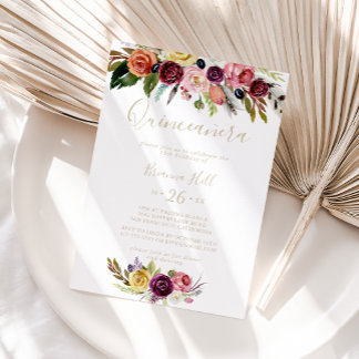 Gold Feather Boho Tropical Floral Quinceañera Einladung