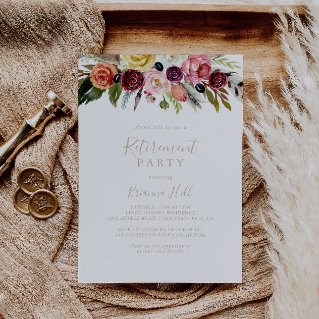 Gold Feather Boho Tropical Retirement Party Einladung (Von Creator hochgeladen)