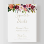 Gold Feather Boho Tropical Signature Drinks unterz<br><div class="desc">Dieses goldene Feather boho tropische Getränkezeichen ist perfekt für eine rustikale Hochzeit. Die Gestaltung umfasst handbemalte braune Wildfedern,  bohgelbe,  weiße,  lila,  rosa,  rot-bordeauxfarbene Blume und blaue Beeren,  die in hübschen Bouquets angeordnet sind. Personalisieren Sie das Schild mit den Namen der Braut und des Bräutigams und ihrer Lieblingsgetränke Wahl.</div>