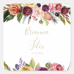 Gold Feather Boho Tropical Wedding Umschlag Aufkle Quadratischer Aufkleber