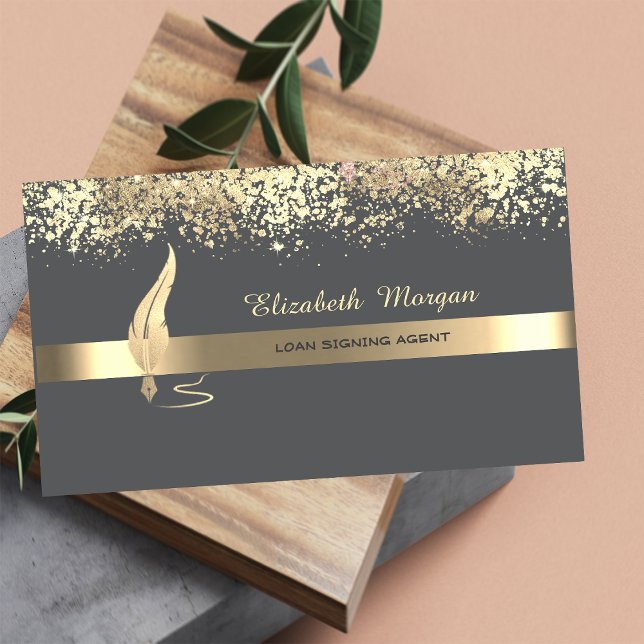 Gold Feather Stripe Gray Notary Visitenkarte (Von Creator hochgeladen)