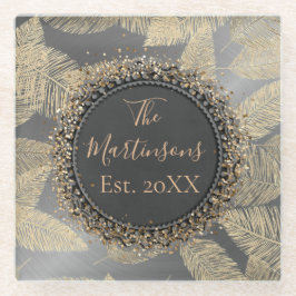 Gold Feathers auf Sleek Silver Familienname Glasuntersetzer