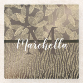 Gold Feathers Glitzer Zebra Print Monogram Glasuntersetzer