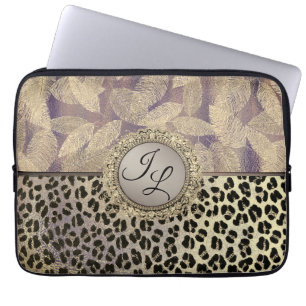 Gold Feathers mit Leopard Print Monogram Laptopschutzhülle