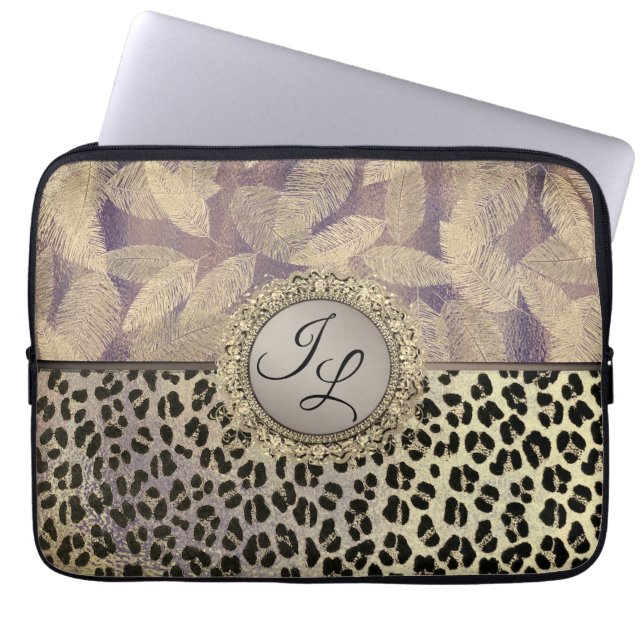 Gold Feathers mit Leopard Print Monogram Laptopschutzhülle (Vorderseite)