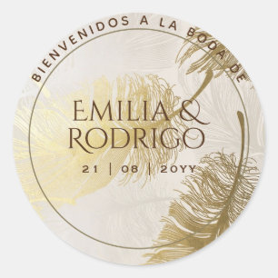 Gold Feathers Spanish Boda Willkommen Gastgeschenk Runder Aufkleber