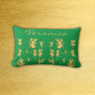 Gold Feen mit Pixie Staub auf grünem Monogramm Lendenkissen