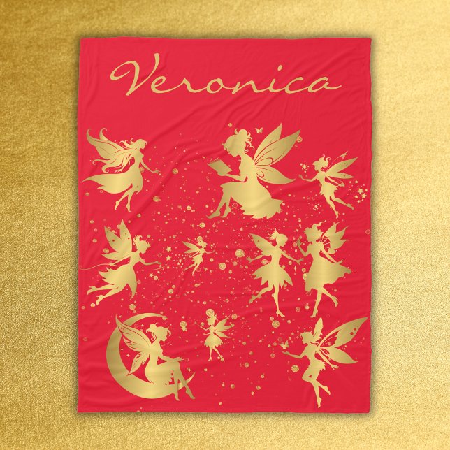 Gold Fees mit Pixie Staub auf rotem Monogramm | Fleecedecke (Von Creator hochgeladen)