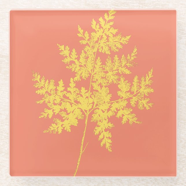 Gold Fern auf Korallen botanisch Glasuntersetzer (Vorderseite)