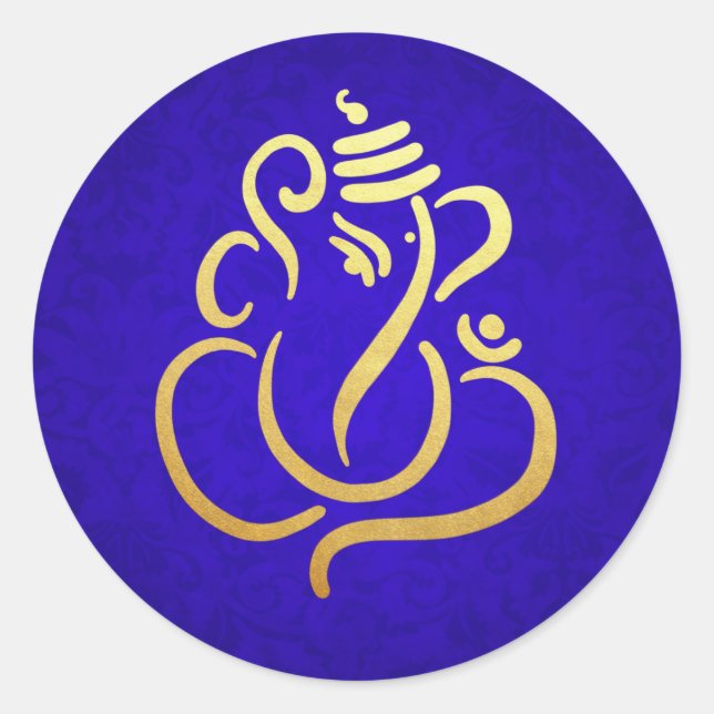 Gold Festive Ganesh | Indian God Damask Blue Runder Aufkleber (Vorderseite)