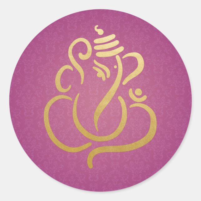 Gold Festive Ganesh | Indian God Damask Purple Runder Aufkleber (Vorderseite)