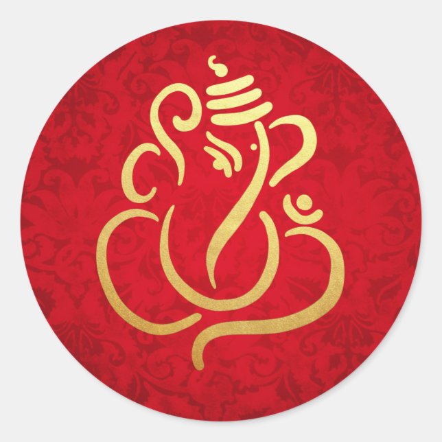 Gold Festive Ganesh | Indian God Damask Red Runder Aufkleber (Vorderseite)