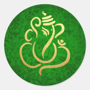 Gold Festive Ganesh   Indischer Gott Damask Green Runder Aufkleber