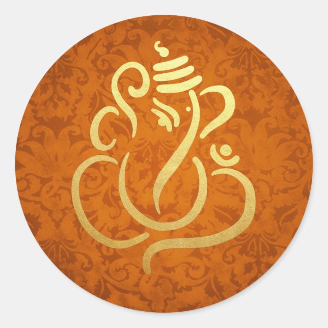 Gold Festive Ganesh | Indischer Gott Damask Orange Runder Aufkleber (Vorderseite)