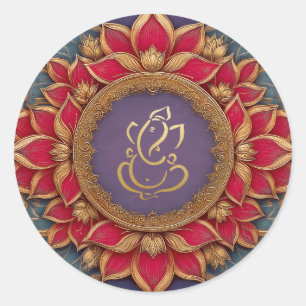 Gold Festive Ganesh   Indischer Gott Lila Pink Lot Runder Aufkleber