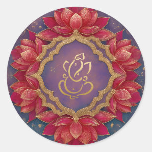 Gold Festive Ganesh   Indischer Gott Lila Pink Lot Runder Aufkleber