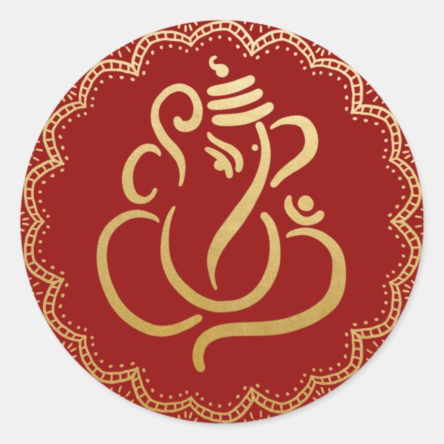 Gold Festive Ganesh | Indischer Gott Rot Runder Aufkleber (Vorderseite)