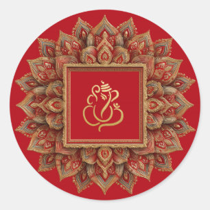Gold Festive Ganesh Indischer Gott Rot Runder Aufkleber