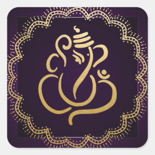 Gold Festiver Ganesh   Indischer Gott Lila Quadratischer Aufkleber
