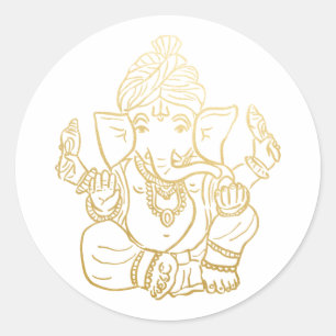 Gold Festiver Ganesha   Indischer Gott Ganpati Runder Aufkleber